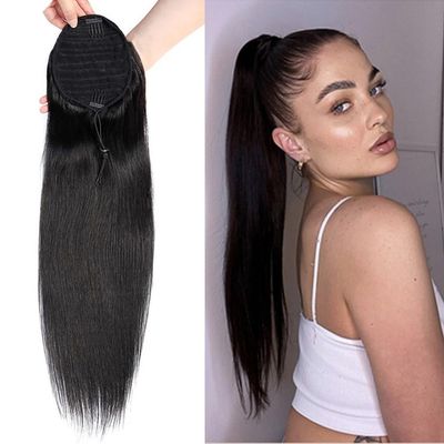 Kiss darling LASHES Straight Human Hair Drawstring Ponytail Extension 30inch Brazilian Virgin Hair Ponytail For Women Straight Ponytail Hairpiece with Clip in Binding Pony Tail 150grams #1B
