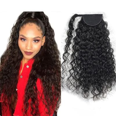 Kiss darling LASHES Ponytail Extension Human Hair Water Wave Ponytail with Magic Paste Warp Around Wet & Wavy Curly Remy Hair Clip in Ponytail for Women 26inch 200g Natural Black 1b