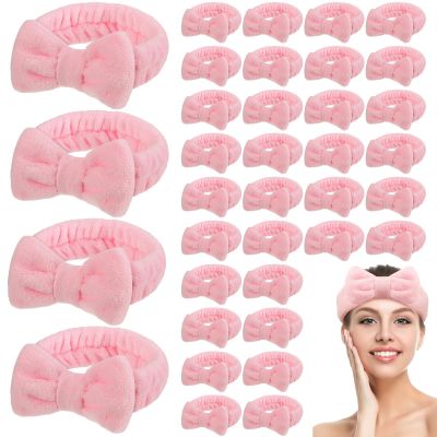 Riceshoot 36 Pcs Spa Headband Bulk Sleepover Party Favors Pink Bow Spa Party Supplies Flannel Fleece Elastic Soft Face Wash Headbands for Women(Pink)