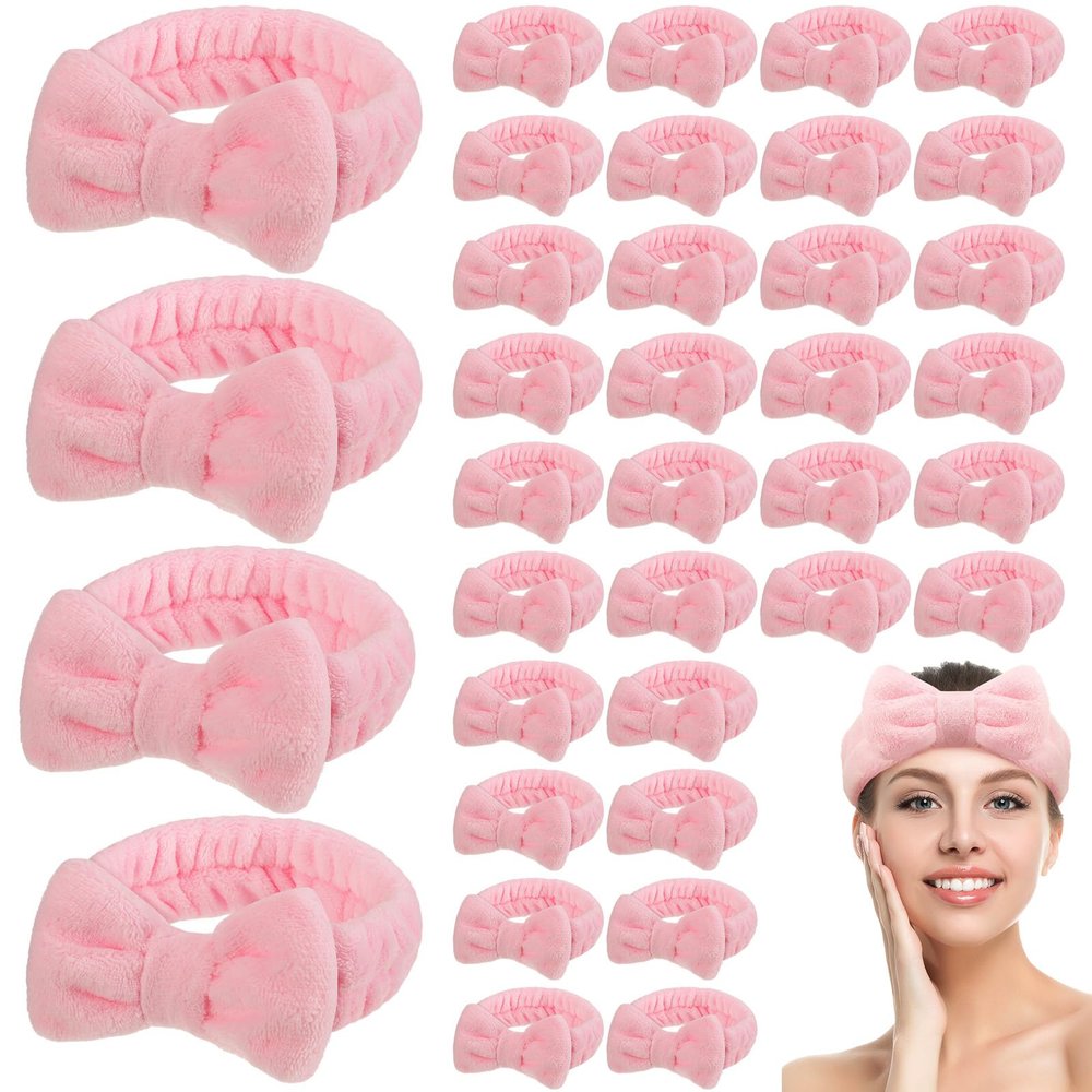Riceshoot 36 Pcs Spa Headband Bulk Sleepover Party Favors Pink Bow Spa Party Supplies Flannel Fleece Elastic Soft Face Wash Headbands for Women(Pink)