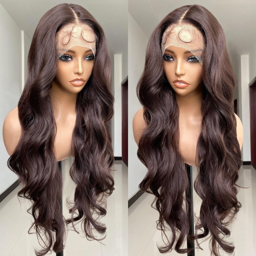 SISgrace Chocolate Brown Lace Front Wigs Synthetic Body Wave Wear and Go 13x4x1 T-part Lace 28 Inch Pre-Plucked with Baby Hair HD Glueless Lace Front Wig for Women