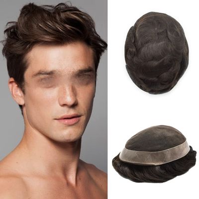 Toupee For Men French Lace Mens Toupee Real Human Hair Replacement System Soft Lace With Skin PU Hairpieces For Men Hair Prosthesis Units Patch Wigs 7"x9" #320 Dark Brown Mixed 20% Gray