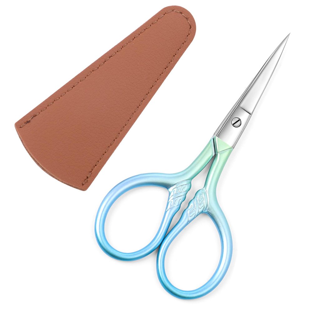Small facial hair scissors, stainless steel (blue) versatile retro beauty kit for men's and women's bathrooms, nose hair, eyebrows, eyelashes, beard trim, with PU sheath