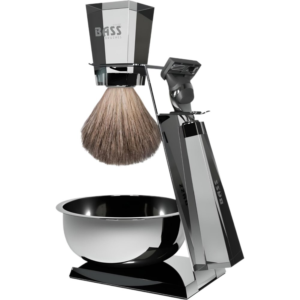 Bass Blades Egiziano Shave Set - Premium hand-cut acrylic handles with translucent finish, luxury grade polished metal hardware, and pure fine natural badger shaving brush. Chrome soap bowl inclu
