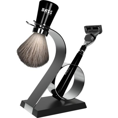 Bass Blades Viper Shave Set - Premium resin handles with piano finish, luxury grade polished metal hardware, and pure fine natural badger shaving brush. Chrome soap bowl included.