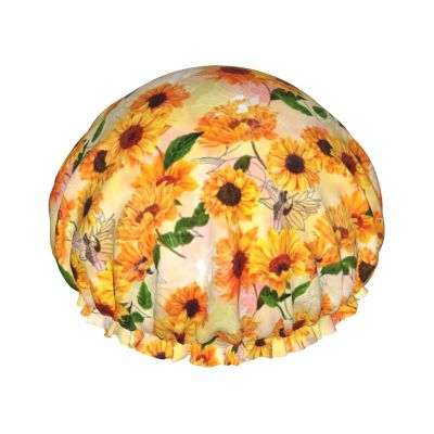 Beautiful Sunflower Print Double Layer Waterproof Shower Cap, Suitable For All Hair Lengths (10.6 X 4.3 Inches)
