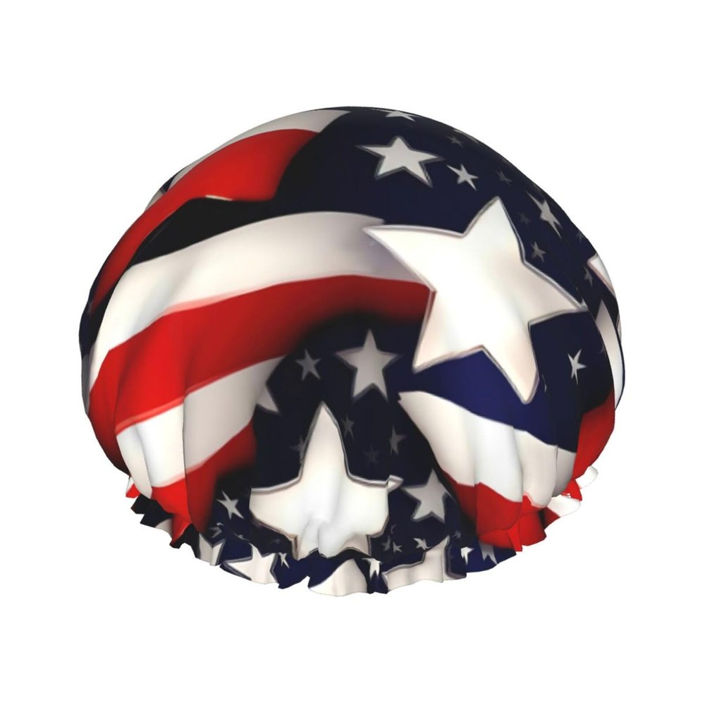 American Flag Stars Stripes Print Double Layer Waterproof Shower Cap, Suitable For All Hair Lengths (10.6 X 4.3 Inches)