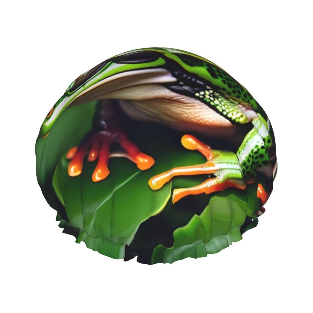 Animal Frog Green Leaf Leaves Print Double Layer Waterproof Shower Cap, Suitable For All Hair Lengths (10.6 X 4.3 Inches)