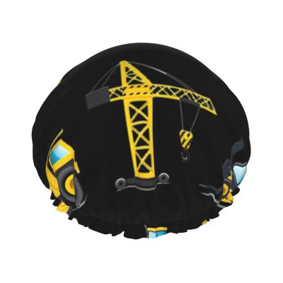 BREAUX Cartoon Heavy Machinery Truck Print Double Layer Waterproof Shower Cap, Suitable For All Hair Lengths (10.6 X 4.3 Inches)