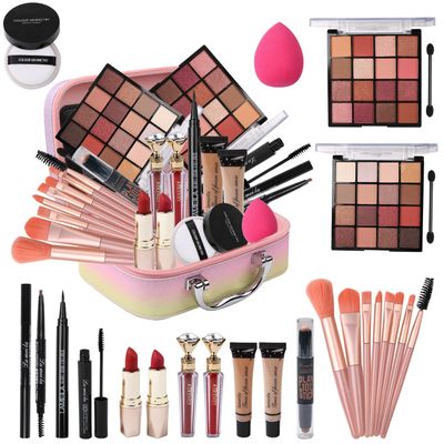 Delymol All in One Makeup Kit for Teen Girls - 2X16 Colors Eyeshadow, Liquid Foundation, Eyeliner Pencils, Contouring Stick, Lip Gloss, Eyebrow Pencils & 8pcs Makeup Brushes (Rainbow)