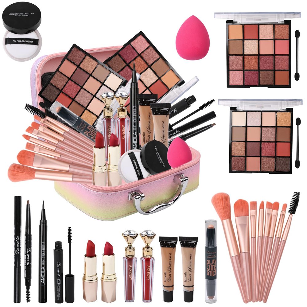 Delymol All in One Makeup Kit for Teen Girls - 2X16 Colors Eyeshadow, Liquid Foundation, Eyeliner Pencils, Contouring Stick, Lip Gloss, Eyebrow Pencils & 8pcs Makeup Brushes (Rainbow)