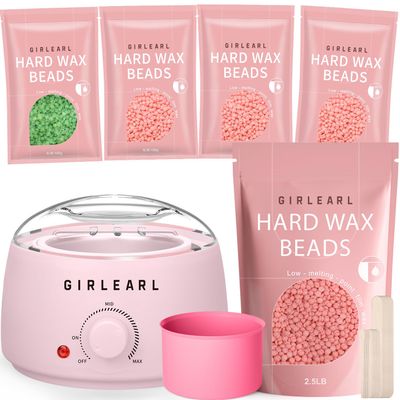 GIRLEARLE Waxing Kit + 2.5lb Rose Wax Beads for Women and Men, Brazilian Bikini Hard Wax for Coarse Hair Full body Legs, Face and Underarms at Home Waxing Beads for Sensitive Skin