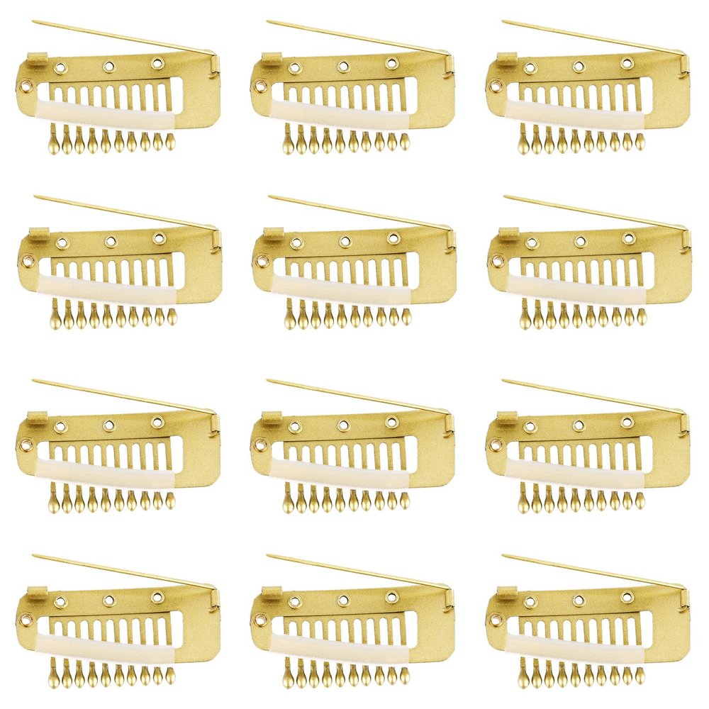 12pcs Wig Clip with Safety Pins, 10-Teeth Hair Extension Snap Clips Invisible Strong Wig Combs to Secure Wig No Sew Chunni Grip Dupatta Clips for Girls Women Wig Headscarf Hijab & Tikka(Gold)