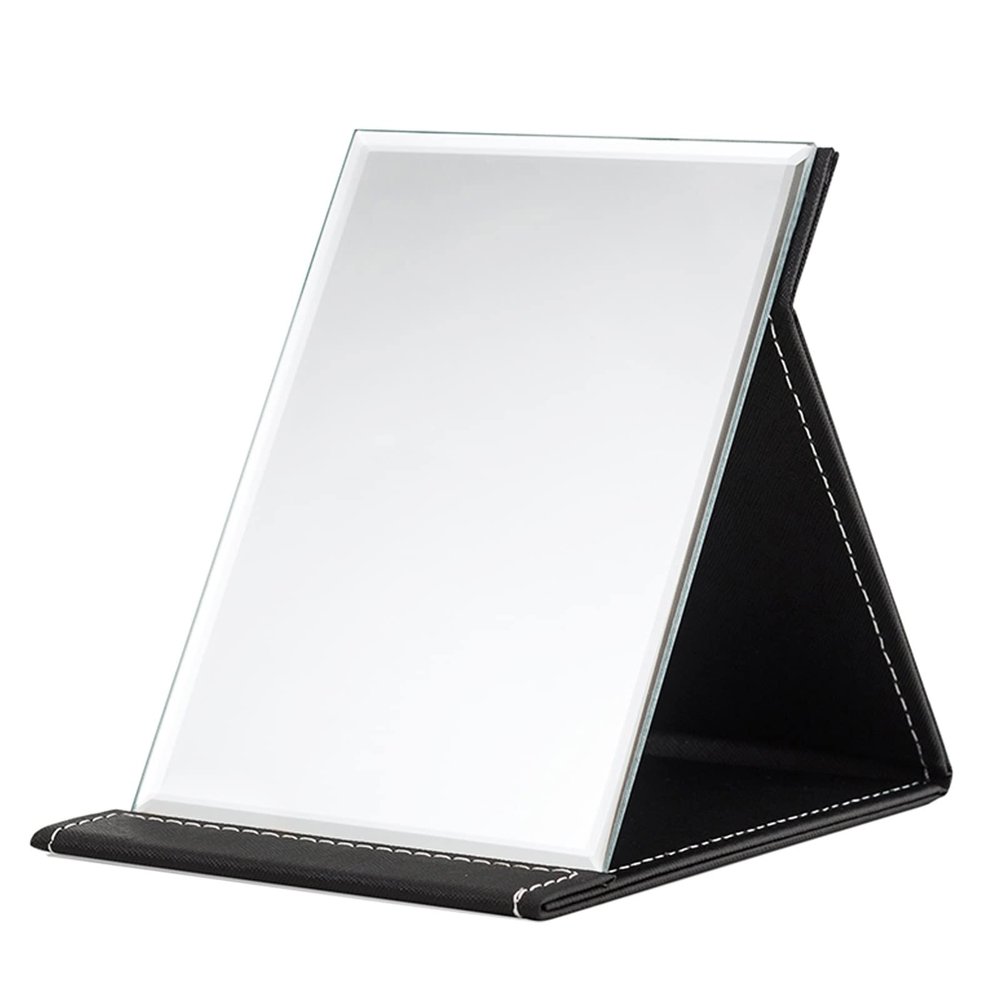 Desk Mirror, Pu Leather Portable Folding Desktop Makeup Mirror With Adjustable Stand For Personal Office Travelling,Table Mirror High Clear Stand Mirror, Compact Travel Mirror, Black Make-up mirror wi