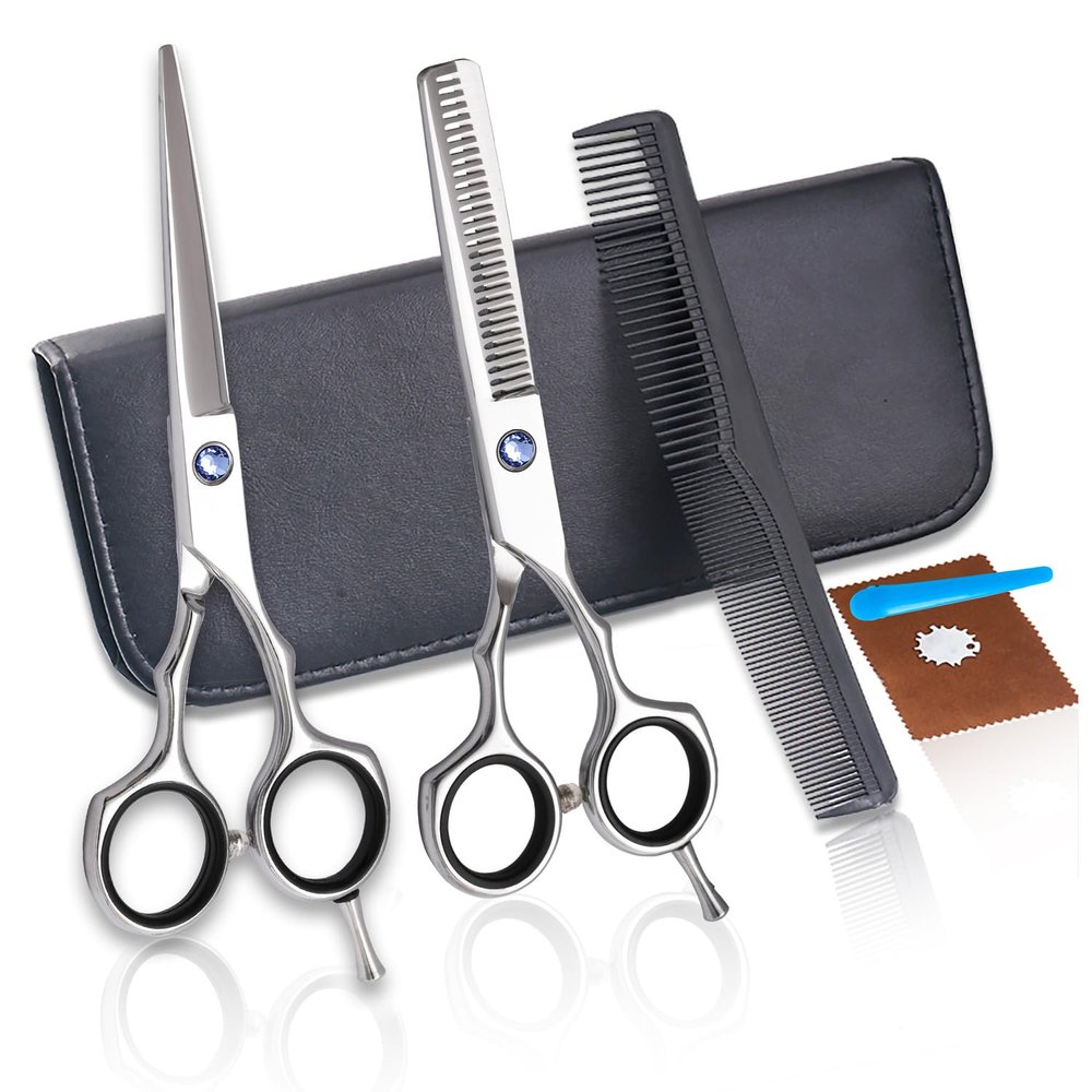 7 pcs Barber and Hairdressing Scissors Professional Barber Scissors Set Black and White Rotating Handle Flat Teeth Scissors Bangs Scissors thinning Scissors Tool Set for Women Men