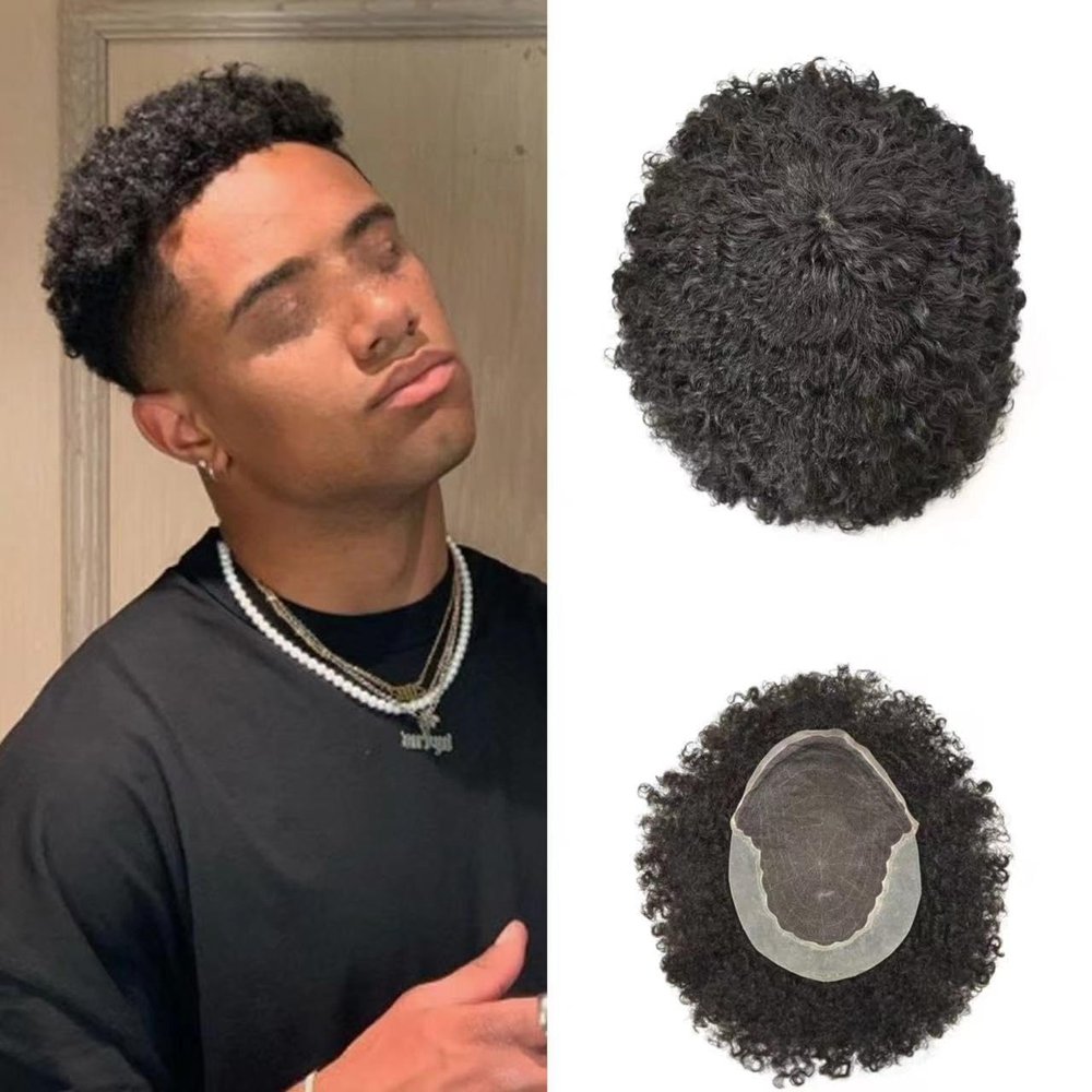 Afro Kinky Curly Toupee For Black Men Lace Front Afro Curly Hair Units for Black Men PU Poly African American Hair piece Afro Wave Brazilian Hair Wig8"X10"#1B Off Black-10MM Wave