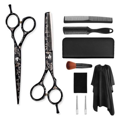 10 Pcs professioinal Black Background Printed Hair Cutting Scissors kit Bamboo Handle with Flat Scissor Teeth Scissors Thinning and Cutting Hair Scissors Home Hairdressing Scissors