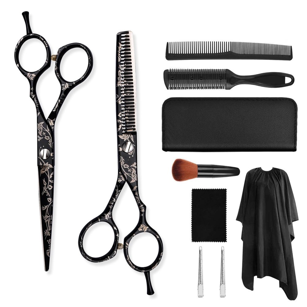 10 Pcs professioinal Black Background Printed Hair Cutting Scissors kit Bamboo Handle with Flat Scissor Teeth Scissors Thinning and Cutting Hair Scissors Home Hairdressing Scissors