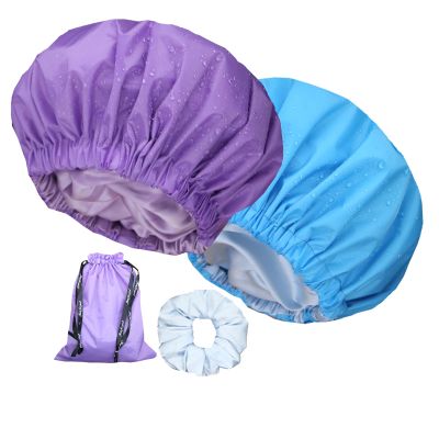 2Pcs Genergy Shower Cap, Luxury Waterproof Shower Cap for Women Reusable, Silky Satin lined Extra Large, Adjustable, Double Layers and Reversible Bath Bonnetblue purple