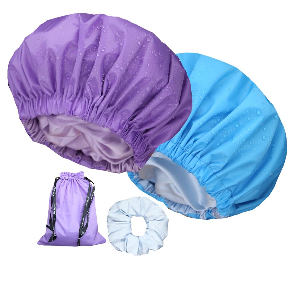 2Pcs Genergy Shower Cap, Luxury Waterproof Shower Cap for Women Reusable, Silky Satin lined Extra Large, Adjustable, Double Layers and Reversible Bath Bonnetblue purple