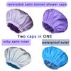 2Pcs Genergy Shower Cap, Luxury Waterproof Shower Cap for Women Reusable, Silky Satin lined Extra Large, Adjustable, Double Layers and Reversible Bath Bonnetblue purple view 2