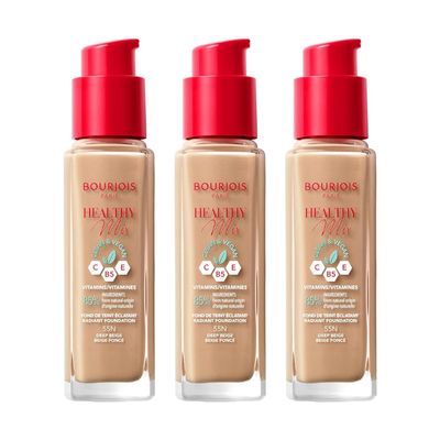 3 x Bourjois Healthy Mix Clean and Vegan Foundation 30ml - 55N Deep Beige