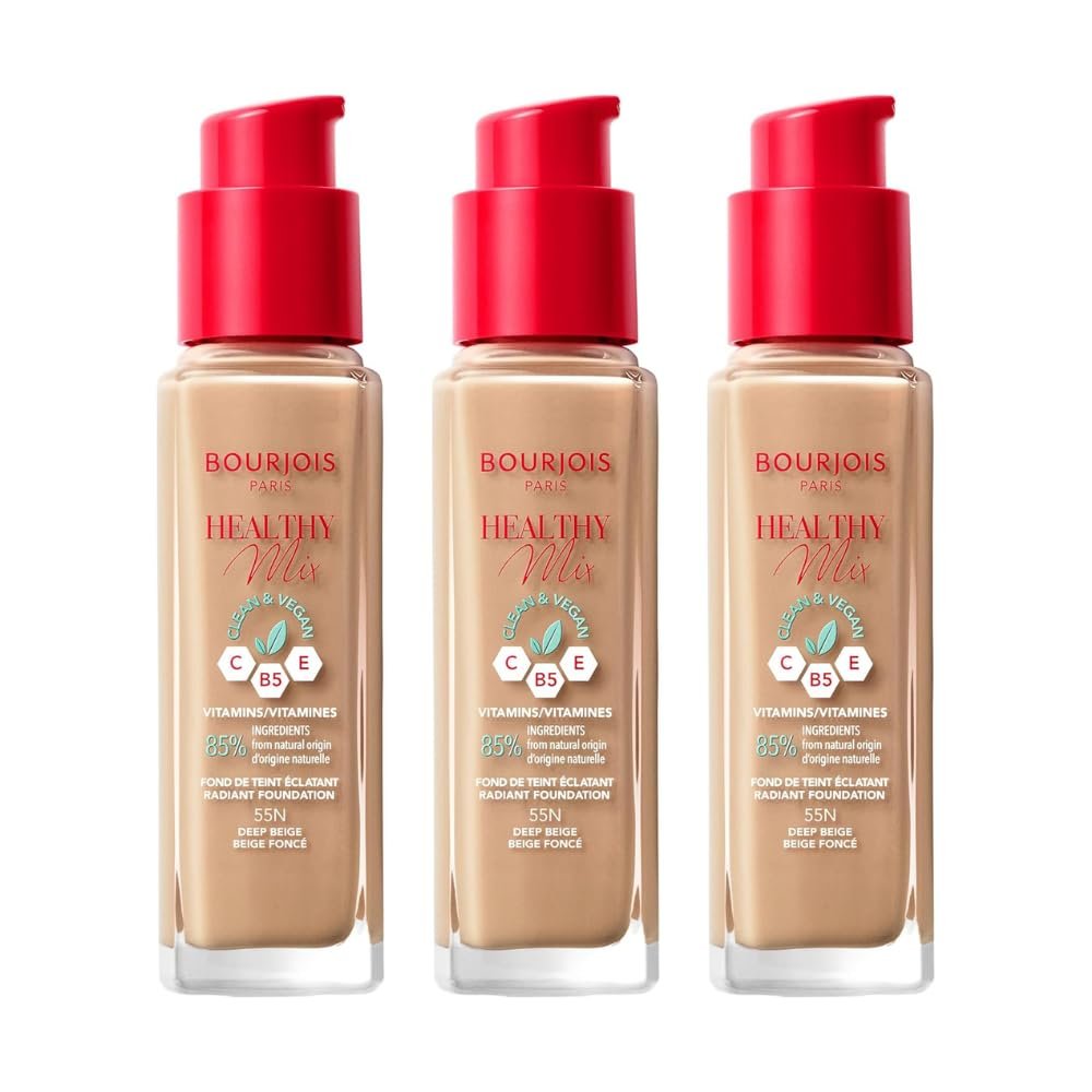 3 x Bourjois Healthy Mix Clean and Vegan Foundation 30ml - 55N Deep Beige