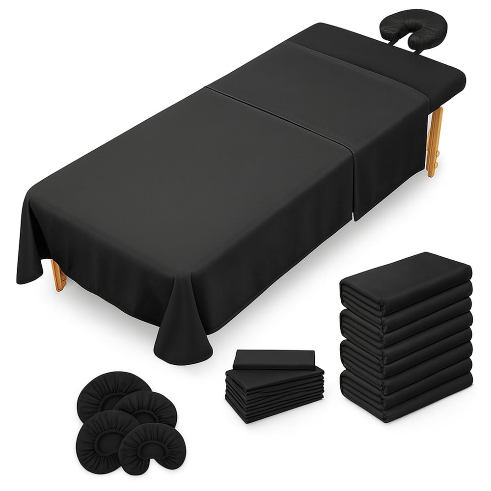 Massage Table Sheets Set 3 Piece 4 Set, Microfiber Spa Bed Sheets, Cotton-Feel Massage Bed Cover, Wrinkle & Oil Resistant, Soft Accessories for Estheticians Black