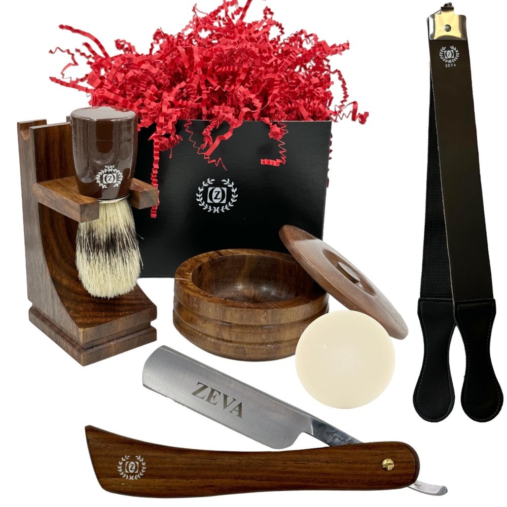 Men Straight Razor Gift Set Classic Gift 5/8" Carbon Steel, hollow ground blade with leather honing strop whet and Drip Stand Gold (Umber)