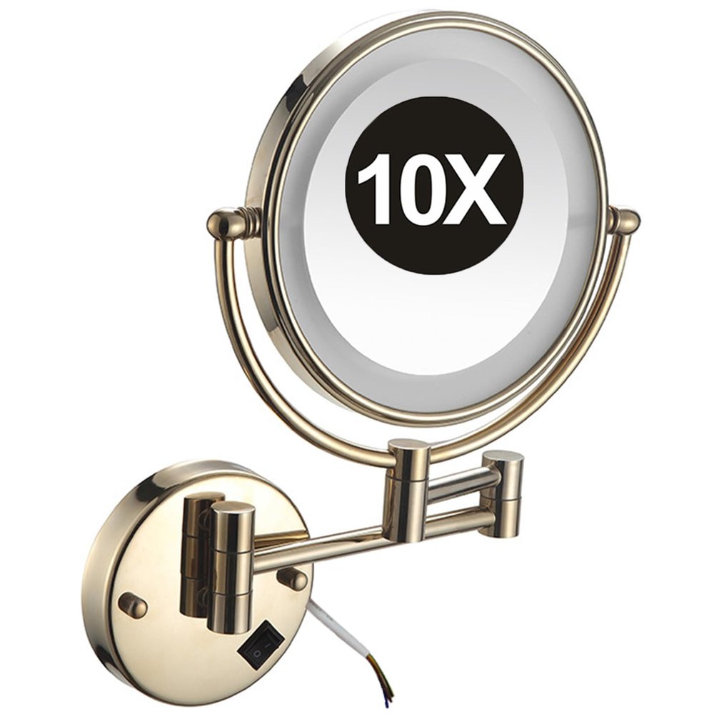 Washcadg 8 Inch Double Sided 1X/10X Magnifying Wall Mounted Makeup Vanity Mirror with LED Lighted, 360 Swivel Extendable Cosmetic Mirror, Shaving Mirror for Bathroom,Gold,Hardwired