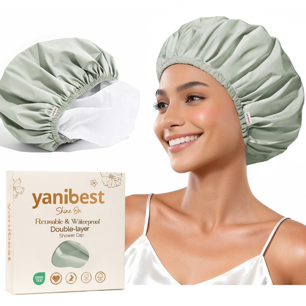 Yanibest Shower Cap Reusable Waterproof - Double Layer Shower Caps for Women, Washable Shower Bonnet with Soft Non-Slip Elastic Band, Bath Hair Hat for Most Hair Types