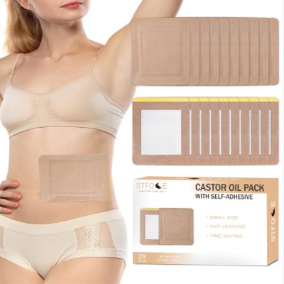 STFOCE 20pcs Castor Oil Pack Wrap, Portable Self-Adhesive, Disposable Castor Oil Pack Organic Cotton for Stomach, Liver, Belly & Entire Body, No Leaks, No Irritation, Stick Overnight (Kahaki)
