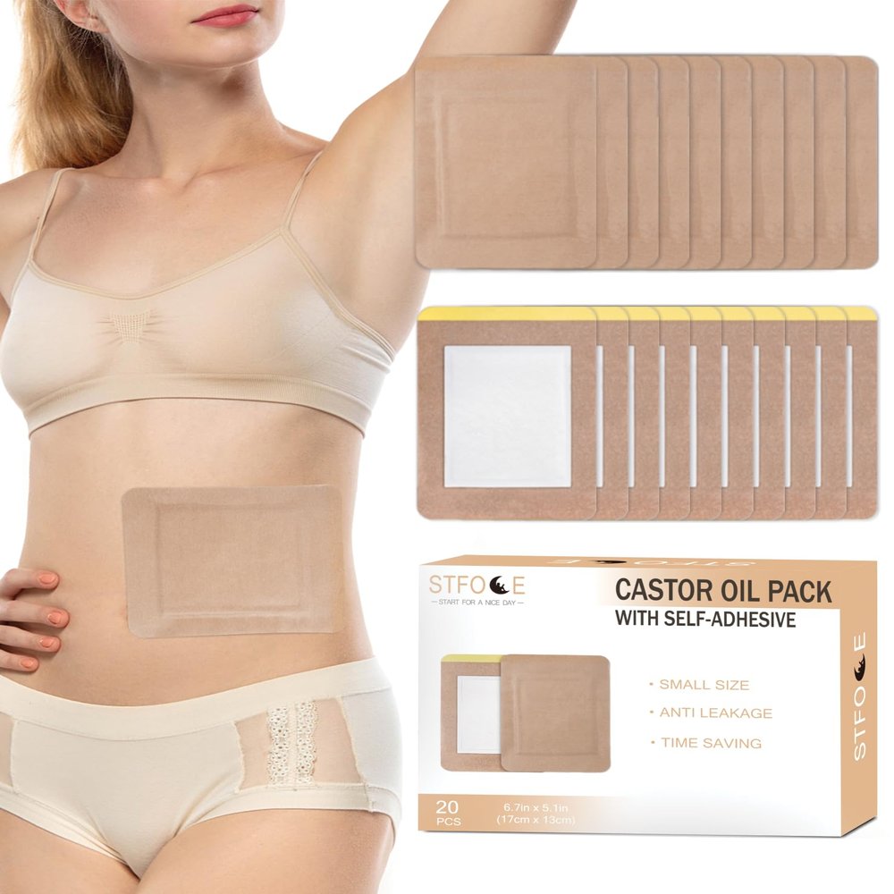 STFOCE 20pcs Castor Oil Pack Wrap, Portable Self-Adhesive, Disposable Castor Oil Pack Organic Cotton for Stomach, Liver, Belly & Entire Body, No Leaks, No Irritation, Stick Overnight (Kahaki)