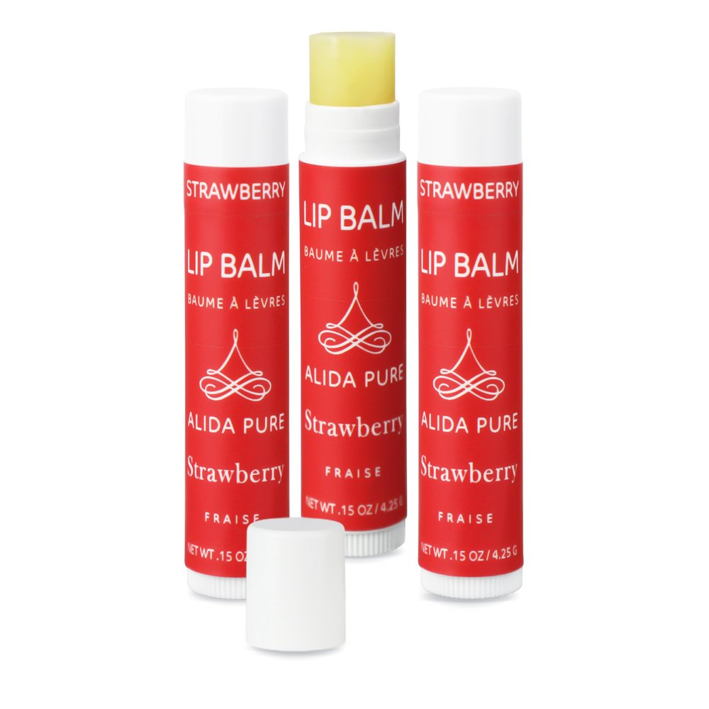 ALIDA PURE Strawberry Lip Balm Collection, Vegan Set, Beeswax Free, with Organic Jojoba and Avocado Oil, Vitamin E, Natural Moisturizer for Dry, Chapped Lips, 3 Tube Set