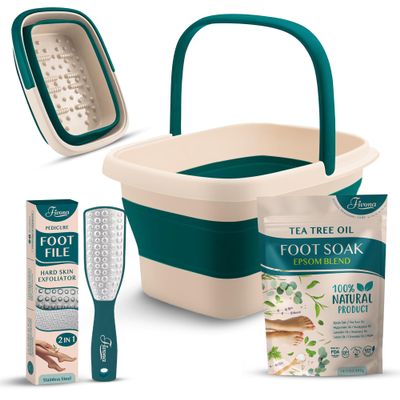 Fivona Foot Care Kit 3 in 1 - Foot Soak Blend with Epsom Salt, Tea Tree and Essential Oils - Collapsible Foot Soak Basin - Dual Action Foot File