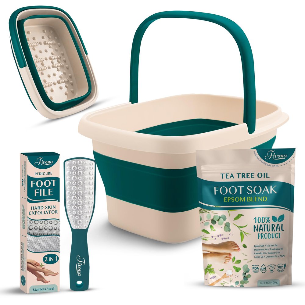 Fivona Foot Care Kit 3 in 1 - Foot Soak Blend with Epsom Salt, Tea Tree and Essential Oils - Collapsible Foot Soak Basin - Dual Action Foot File