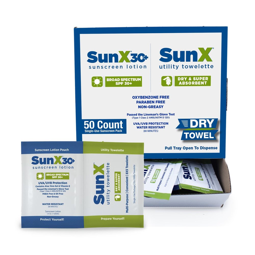 CoreTex Sun X 30+ Broad Spectrum Sunscreen Packets & Dry Towels Duo Kit - Pack of 50 Paraben, Oxybenzone, Octinoxate, & Oil Free Sunscreen - No White Cast and Water Resistant Up to 80 Minutes