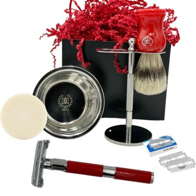 Men Safety Razor Shaving Gift Kit | Vintage Wet Shave Grooming Set for Men - Includes: Safety Razor, Hair Shaving Brush, Drip Shave Stand, Shave Soap, Bowl & Double Edge Razor Blades (Red)