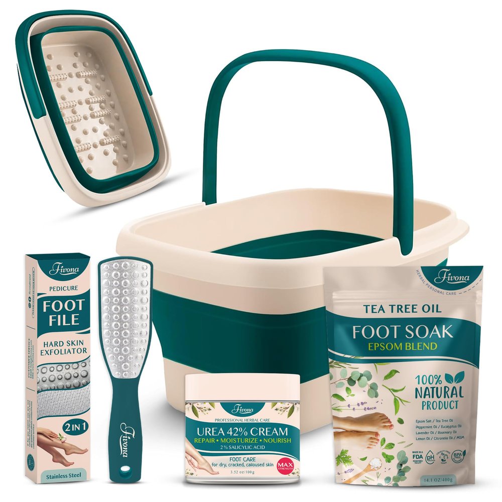 Fivona Foot Care Kit 4 in 1 - Foot Soak Blend with Epsom Salt, Tea Tree and Essential Oils - Collapsible Foot Soak Basin - 42% Urea Cream for Hard, Calloused Skin - Dual Action Foot File