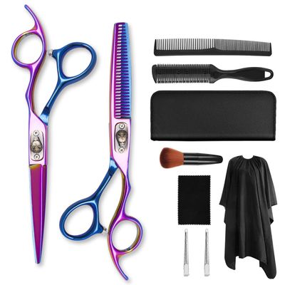 10 pcs Professional colorful blue Hair Cutting Scissors Sets Stainless Steel Barber Hairdressing Scissors (6-Inches), Stainless Steel Haircut Scissor set with Wolf head screws for Home Salon