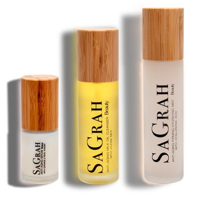 SaGrah Beauty Facial Skincare Set, Brightening, Firming, Hydrating, Natural, Vegan, Cruelty-Free 3 pc Skincare Set, Anti-Aging Milk Oil Cleanser, Hydrating Mist, Anti-Aging Serum