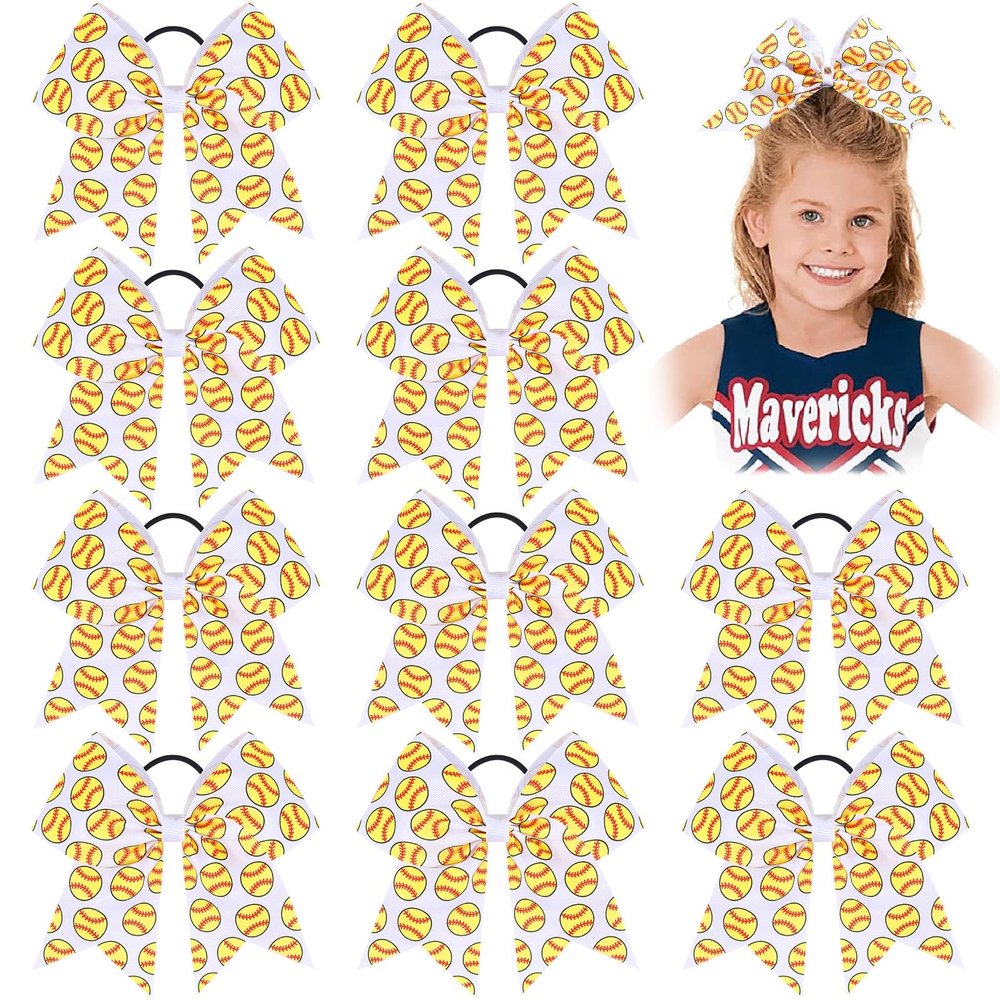 10 PCS 8" Large Glitter Softball Cheer Bows for Cheerleaders, CN Sparkly Baseball Hair Bows with Elastic Hair Ties Accessories for Teens Girls Women Cheerleading Softball Competition Sports