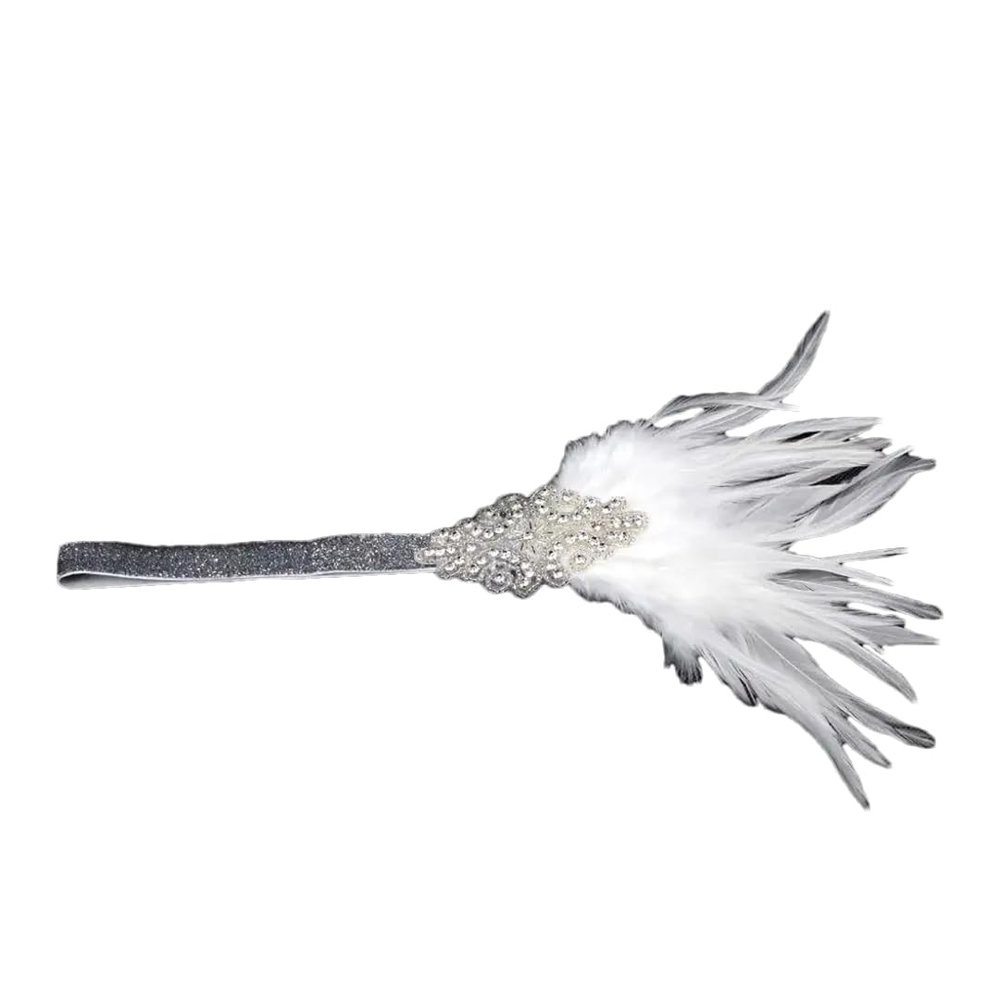 1920S Vintage Headpiece Silver Rhinestone Beaded Applique Feather Headband Flapper Headdress white