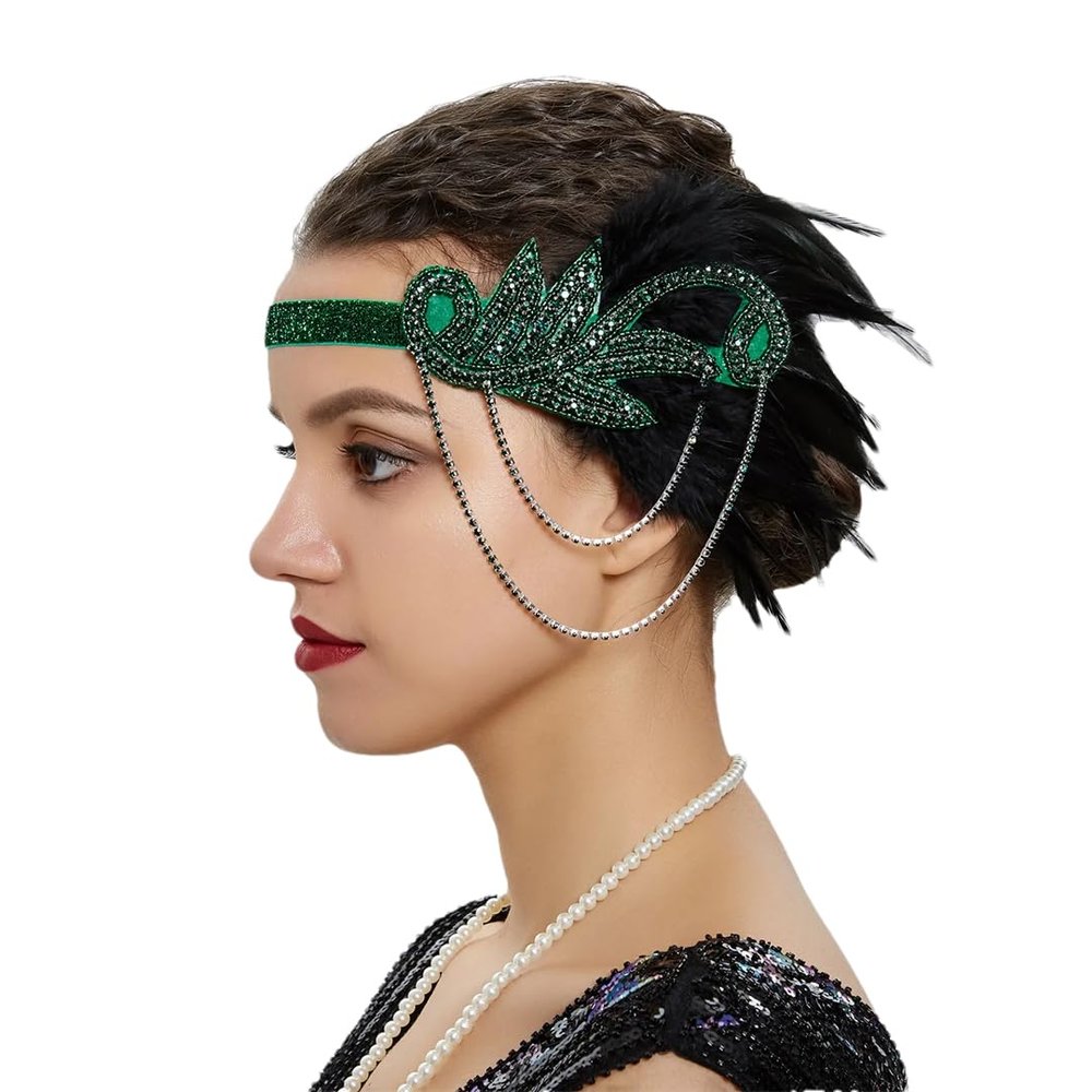 1920S Feather Hair Band Women Vintage Headpiece Flapper Headband Headdress Hair Accessories EN8 and black