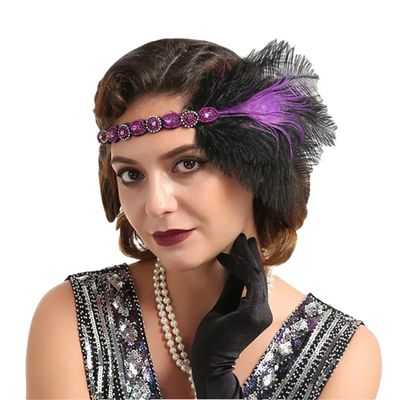 1920S Flapper Headbands Rhinestone Headpiece With Peacock Feather Jewel Hair Accessories purple