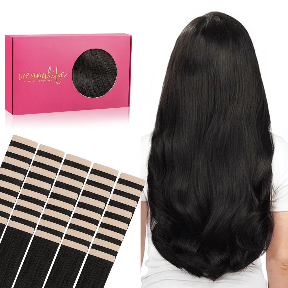 WENNALIFE Tape in Hair Extensions Human Hair, 40pcs 100g 20 inch Natural Black Hair Extensions Real Human Hair Straight Tape in Extensions Invisible Human Hair Extensions Reusable Real Hair Extensions