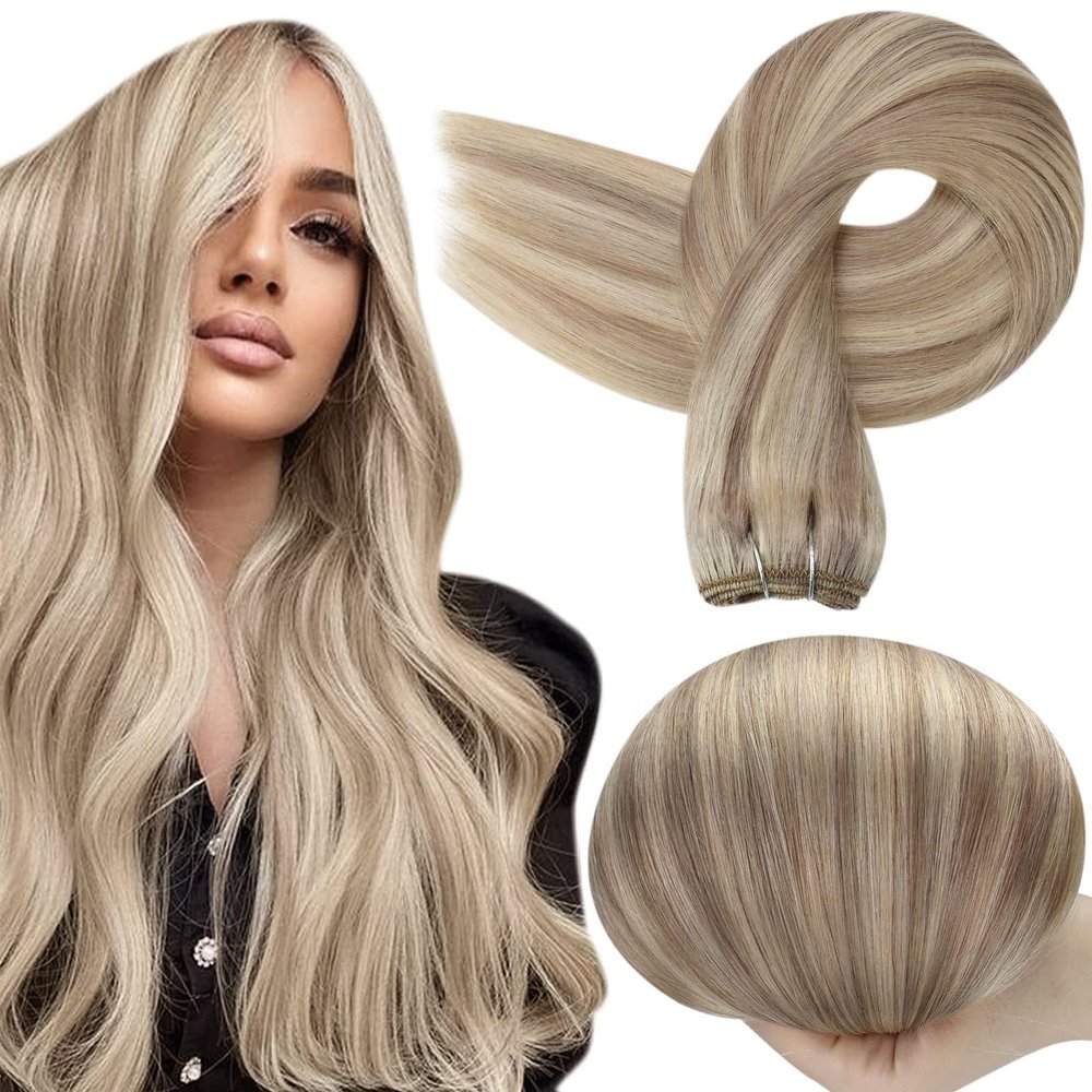 Full Shine Weft Hair Extensions Human Hair Ash Blonde Human Hair Extensions Sew In Color Ash Blonde Highlight Blonde Hair Weft Sew In Hair Extensions Soft Straight Hair Sew In Extensions