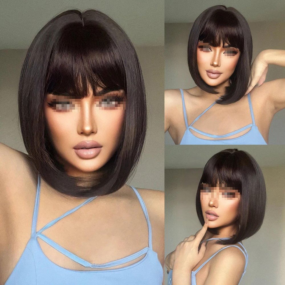 Hgvcfcv Short Straight Synthetic Wigs For Women Brown Bob Wigs With Bangs Daily Cosplay Medium Length Heat Resistant Hair