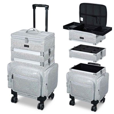 BYOOTIQUE 3in1 Soft Sided Rolling Makeup Train Case Cosmetology Case On Wheels Large Organizer Storage Cosmetic Trolley With Adjustable Divider For Makeup Artist Nail Wedding Travel Glitter Silver