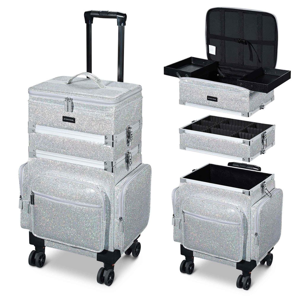 BYOOTIQUE 3in1 Soft Sided Rolling Makeup Train Case Cosmetology Case On Wheels Large Organizer Storage Cosmetic Trolley With Adjustable Divider For Makeup Artist Nail Wedding Travel Glitter Silver
